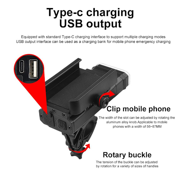 Cykellygte 3LED USB Genopladelig Roterbar Forlygte med Strømanvisning Mobiltelefonholder 6 Lystilstande til Udendørs Natkørsel