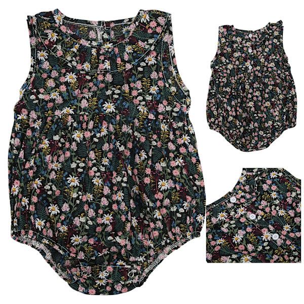 Nyfödd baby blommig jumpsuit sommar ärmlös krage body för spädbarn babykläder svart 80cm