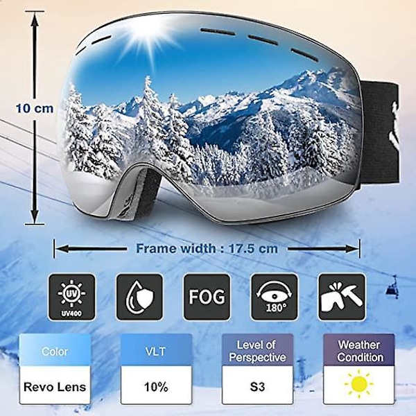 Skidglasögon, Sfäriska Skidglasögon med Anti-UV, Anti-imma, Vindtäta, Justerbara OTG Snowboardglasögon, Kompatibla med Hjälm för Skidåkning Snowboard