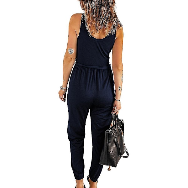 V-ringad ärmlös marinblå jumpsuit dam sommar casual slim fit