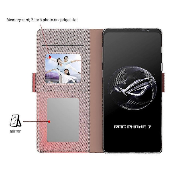 PU-nahkainen puhelinkotelo Asus Rog Phone 7:lle - Peilikorttipidike, puhelinjalusta, musta