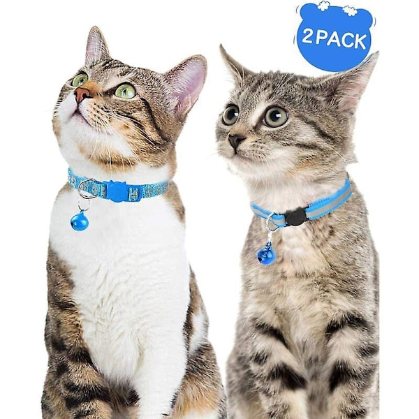 Katt Anti-Stryp Halsband, 2 st Justerbara Reflexhalsband för Kattunge Valp med Klocka och Säkerhetsspänne, 19-32cm Ljusblå