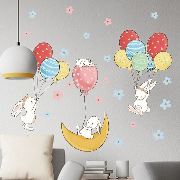 1 Väggdekor Kaniner Ballonger Blommor Avtagbar Väggdekor Dekoration för Barnrum