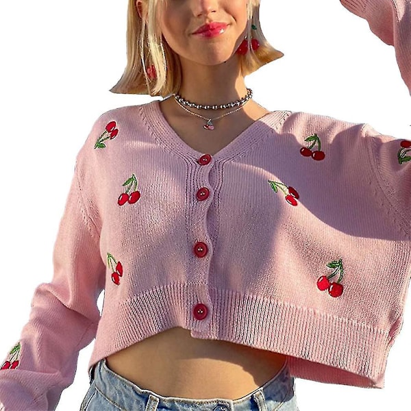 Cherry Embroidered Women's Knit Cardigan S Pink