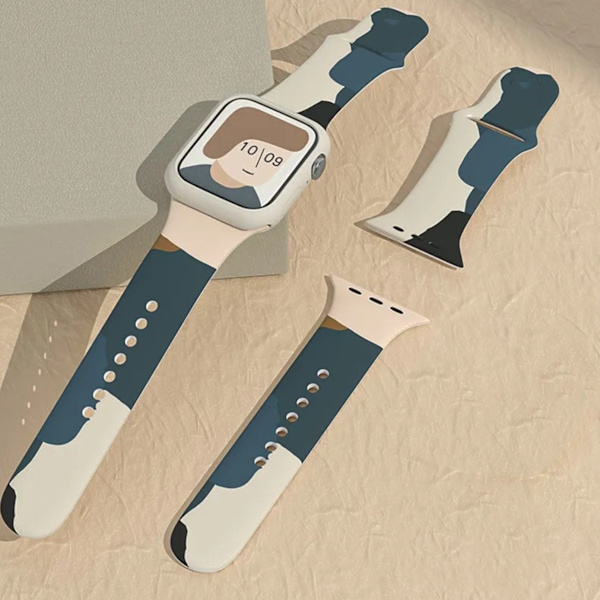 Silikonklockarmbandersättning Färgtryck Snabbkoppling Armbandsur Rem för IOS Watch 6 7 Cloud Ink Blue 38/40/41MM