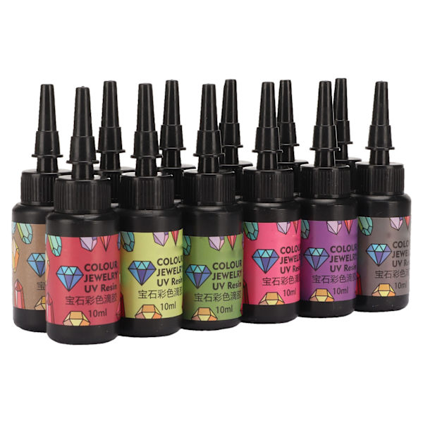 12 stk UV-harpiks i blandede farger, rask herding, levende farger, mye brukt UV-epoksyharpiks for DIY-smykkeproduksjon
