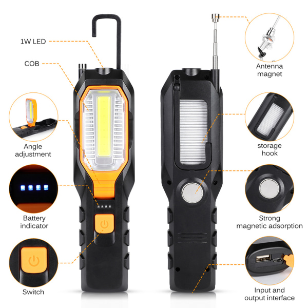Oppladbart COB arbeidslys USB Justerbar LED arbeidslampe med magnetkrok for reparasjon