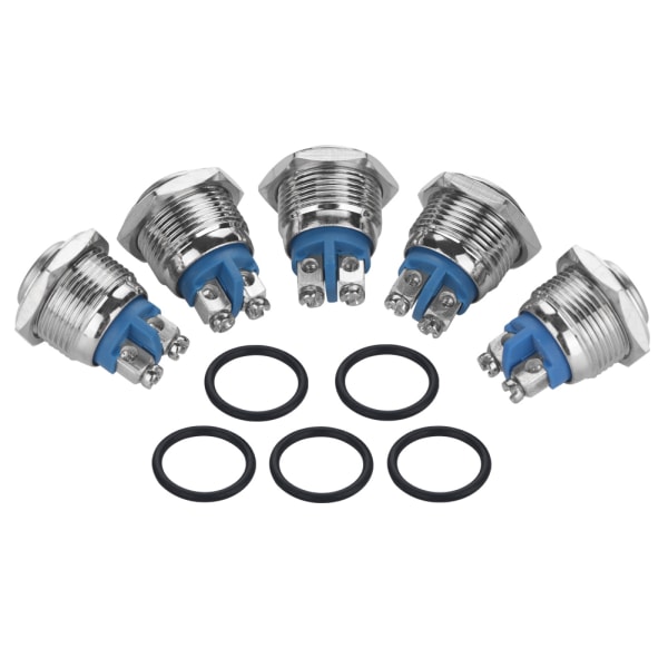 5kpl / set 16mm 250V metalli vedenpitävä 2Pin minipainikekytkin (ulkeutuva pää) hopea