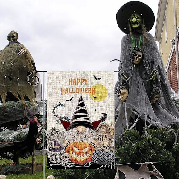 Halloween Haveflag - Vampyrgnom og Græskar, Dobbeltsidet Burlap, 12\" X 18\" - Festlig Havedekoration