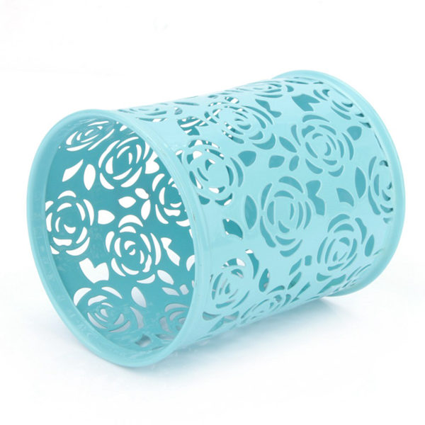 Kontorskrivebord hult rosenblomstmønster Pen Blyant Grydeholder Container Organizer (blå)