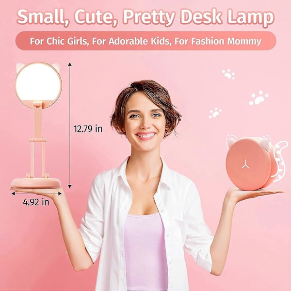 LED Skrivebordslampe Søt Skrivebordslampe Rosa Skrivebordslampe, 8 Lysstyrker Sammenleggbar Liten Skrivebordslampe, Bærbar Barnes Skrivebordslampe Dimbar Skrivebordslampe, USB-Lading Kawaii C