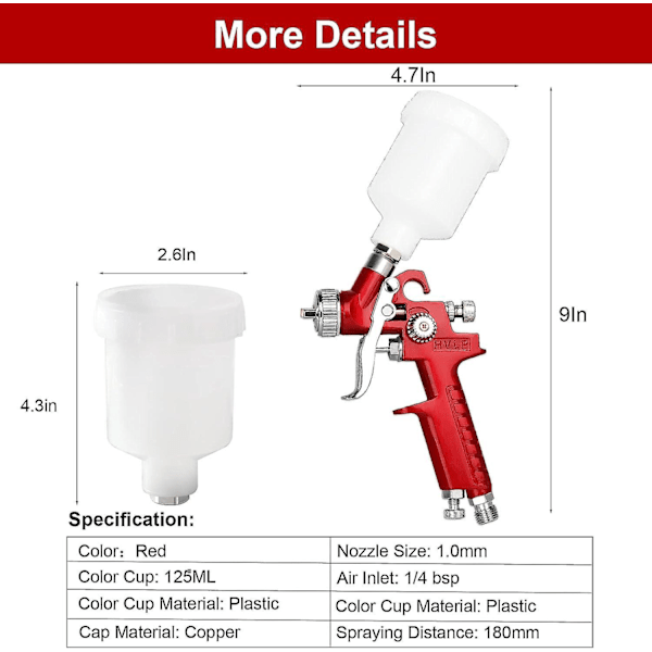 Mini Luft Sprøjtepistol - 1,0 mm Spids, 125 ml Farvekop - Ideel til Bilsvampning, Grundlag, Møbeloverflademaling