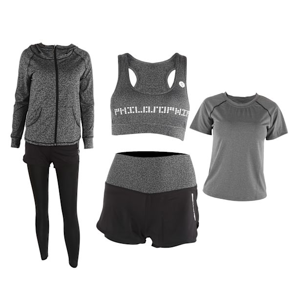 5-delad yogasett för kvinnor, sportkläder, gymjacka, långärmad topp, leggings, shorts, yogadräkt, mörkgrå, XXL