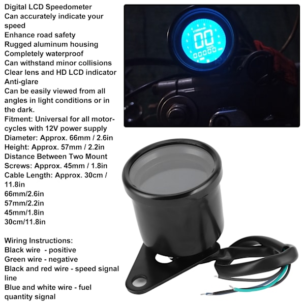 Motorcykel Multifunktionelt Måler Tachometer Odometer Brændstofmåler Speedometer 12V Universal (Sort)