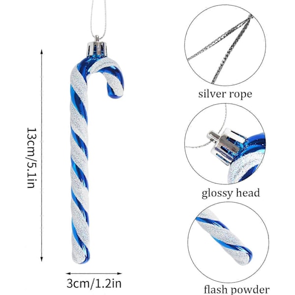 6 stk. Juleglitter Candy Cane Plast Candy Cane Juletrepynt (Blå)