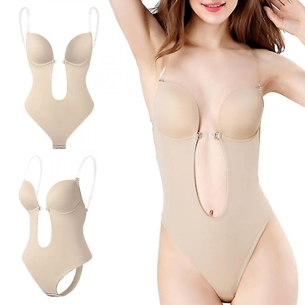 Dyb V-udskæring, stropløs, backless bodysuit shapewear - Kvinder S, Beige
