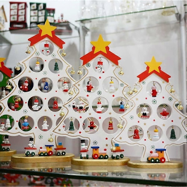 Miniatyr juletre i tre for bordplate med 36 miniatyrpynt, morsomt Xmans trelekesett for skrivebord, ensidig juletrepynt (hvit, L)