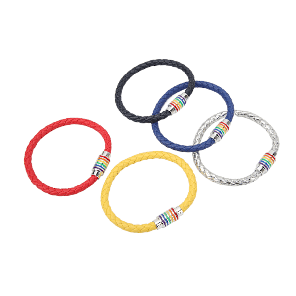 5-pack flätade armband i rött, blått, silver, gult och marinblått med magnetiskt spänne i läder för present
