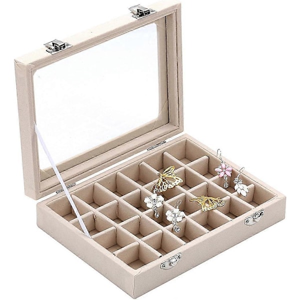 Smyckeskrin i sammetsglas, ringdisplay, organiseringsbox, brickhållare, förvaringsfodral för örhängen (Beige)