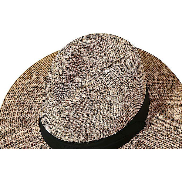 Brun strå panamalue for kvinner og menn - Solhatt med bred skygge for strandreiser og anti-UV-beskyttelse
