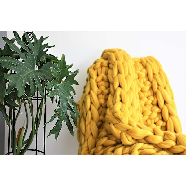 Tyk Strikket Merino Uld Tæppe - Boho Soveværelse Dekoration - 100x130cm Gul