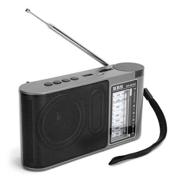 Bærbar Bluetooth 4.0 radiomottaker med flere bånd og manuell innstilling med teleskopantenne, grå