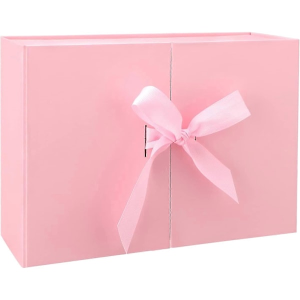 Luksuriøs gaveeske med bånd, sammenleggbar gaveeske i papp for gaver med lokk 26,5x19x8cm rosa