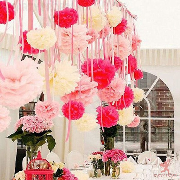 Pappersblommor i Pompom-form, 9 st, Rosa, Roseröd, Vit, för födelsedag, möhippa, bröllop, babyshower, bröllopsshower, festdekoration