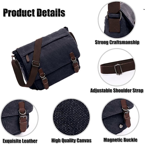 Miesten olkalaukku kangaskassi Crossbody-laukku Messenger-laukku Olkalaukut, 16 tuuman Messenger-laukku. (Musta)
