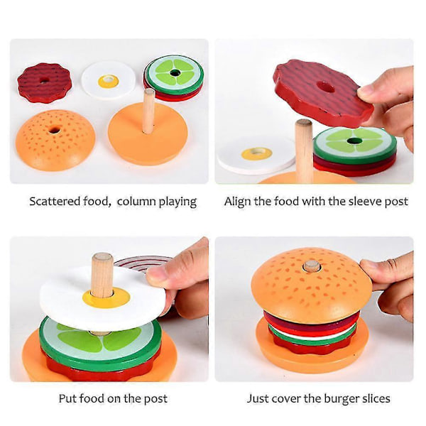 Pedagogiske Hamburger Sandwich Stableklosser i Tre for Barn - Fine Motoriske Ferdigheter Leker Hamburger