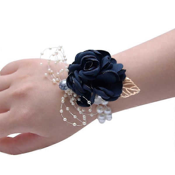 Piger brudepige håndleds corsage brude silke håndledsblomster med imiterede perleperler stretch håndled (mørkeblå)