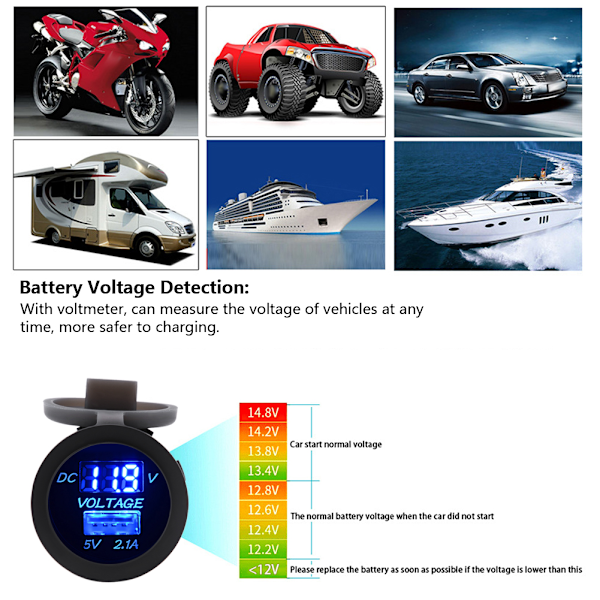 12/24V 2.1A Bil USB-laderadapter Strømuttak Voltmeter for RV Motorsykkel Båt Blått Lys