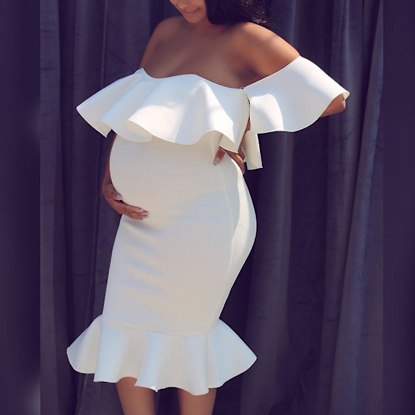 Gravidklänning Off Shoulder Volang Midiklänningar för Baby Shower Fotografering Enfärgad Gravidklänning