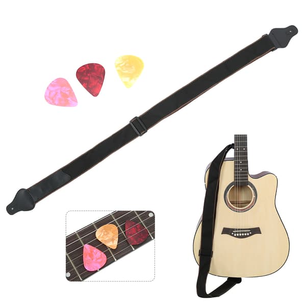 Gitarrrem Akustisk Elektrisk Bas Ukulele Bälte Justerbar Breddad PU-läder 3 Plektrum (Brun)