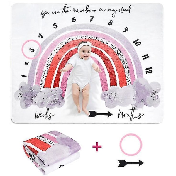Flannel Baby Månedlig Milestone Tæppe - Regnbue Fotomåtte Baggrund 75 X 100 cm