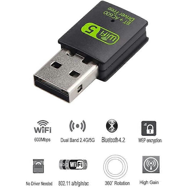 WiFi Dongle, USB WiFi Bluetooth Adapter 600Mbps Dual Band 2.4/5GHz Mini Trådløs Nettverksadapter WiFi Mottaker for PC/Laptop Stasjonær Win10/8/8.1/7