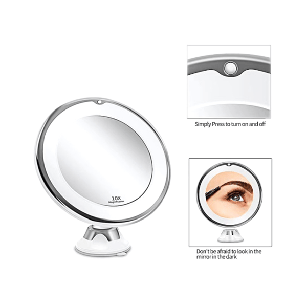10X LED Makeup Mirror with Magnification, Lockable Suction Cup, 360 Degree Rotation, Adjustable for Home, Travel, Bathroom, Battery Operated