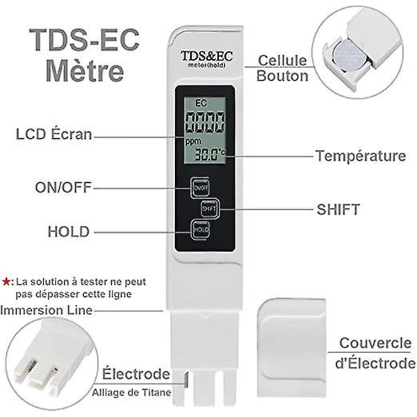 LCD-näyttö TDS EC -mittari Digitaalinen TDS-testeri 3 in 1 veden laadun mittaamiseen, EC, johtavuus ja lämpötila, kannettava veden laadun puhtauden mittaus