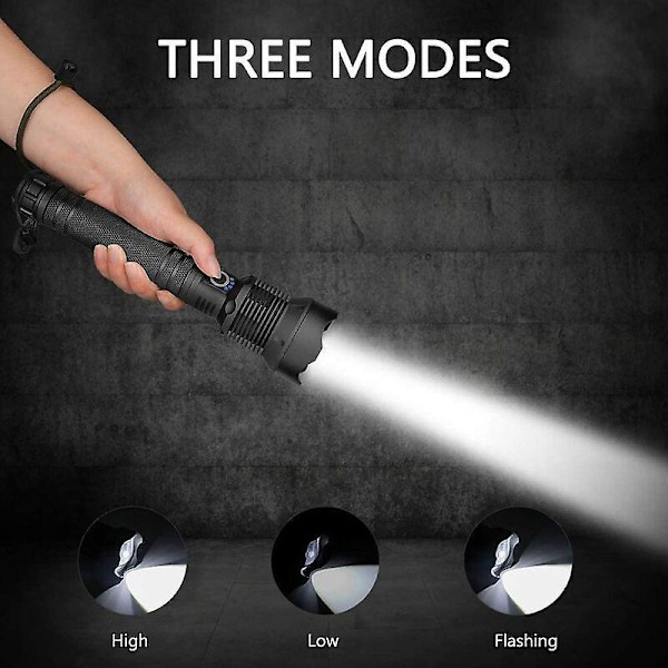 LED Ficklampa, 90000 Lumen XHP70 Ultra Kraftfull Justerbar Zoombar Vattentät Ficklampa, USB Uppladdningsbar Ficklampa, Innehåller 2 18650 hög c
