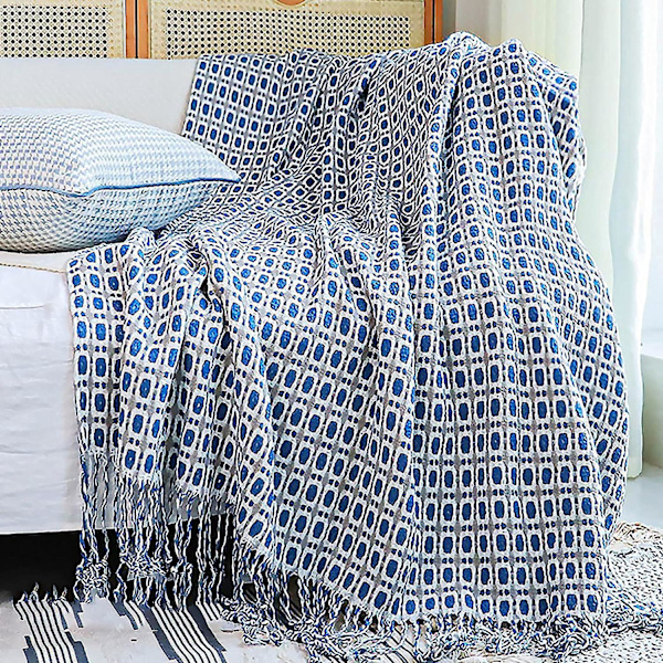 Bohemian ternet strikket tæppe med frynser - blødt og varmt senge- eller sofatæppe - blåt dekorativt sengetæppe 130x170 cm