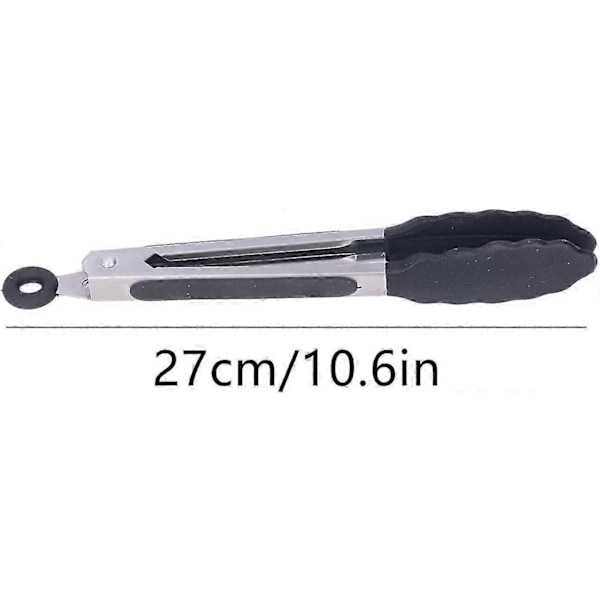 Sklisikre Premium 27cm Silikontenger i Rustfritt Stål, Kjøkkentangsett for Grill, Servering, Steking og Matlaging - Svart (1 STK)_SZXM