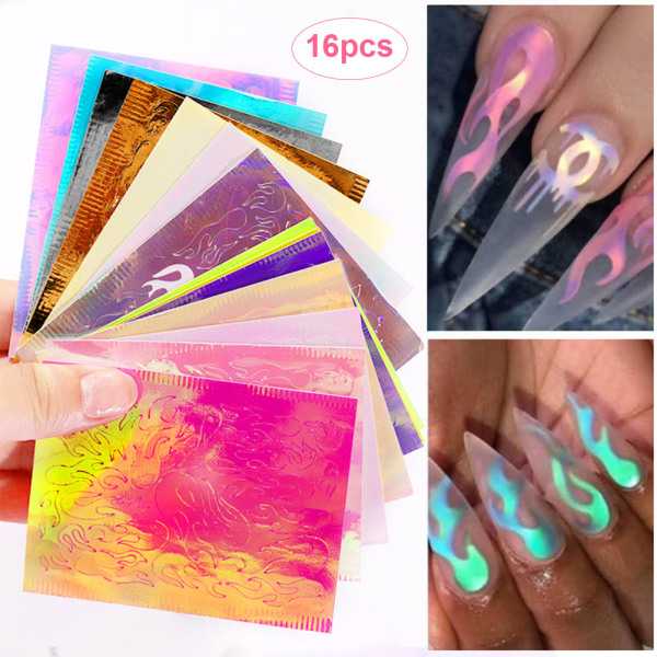 16 kpl Holografiset Fire Flame kynsitarrat syttyvät manikyyriin stensiilitarrat nail art