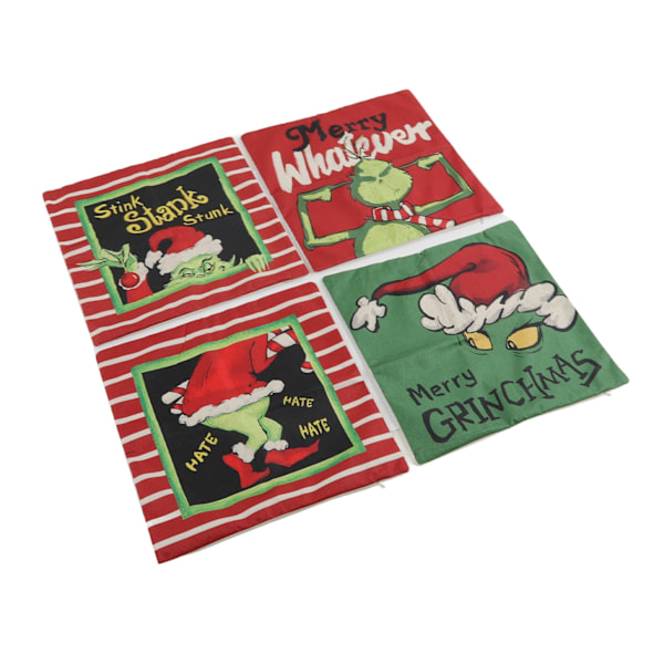Julgransöverdrag i grönt tecknat linnematerial med dragkedja, juldekorationer för inomhus- och utomhusbruk, 4-pack A01 04