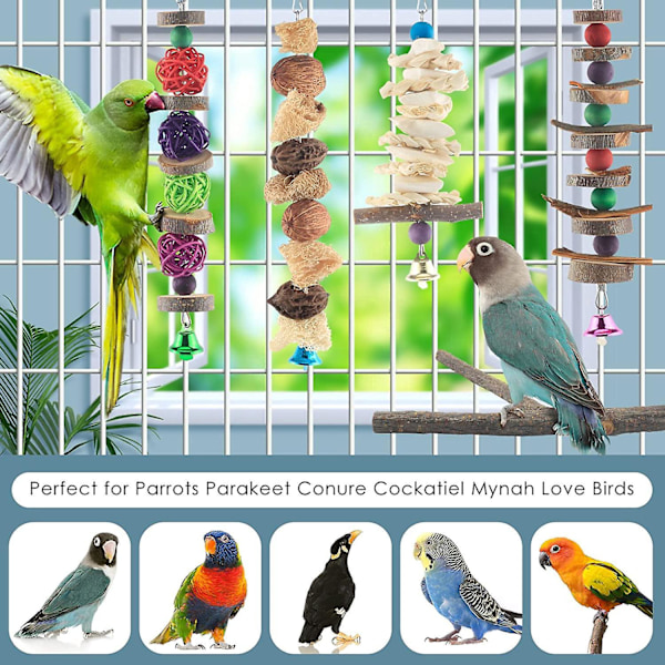 Luonnonpuusta valmistetut linnun pureskelulelut 5 kpl, papukaija riippuva häkin pöytä pienille linnuille, conure, cockatiel, rakkolintu, budgie