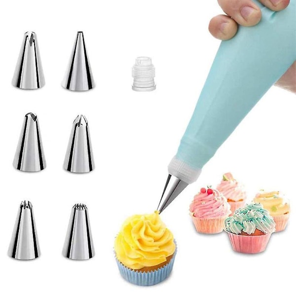 Leivontatyllat, 8 osaa ruostumatonta terästä DIY-sarjat, 6 tyllaa, 1 pursotinpussi, 1 liitin, DIY-sarjat kakun koristeluun (sininen -1)