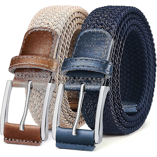 Flätat stretchbälte för män - 2-pack, elastiskt midjeband för casual golf, jakt, jeans - 1 3/8\" 52 till 56 tum 2pack antikt blått beige2660