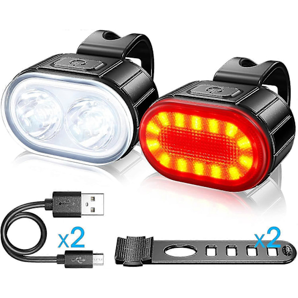 2 Led Sykkellykter USB Oppladbare Front- og Baklykter Vanntette Led Sykkellamper Dobbel Perle Frontlykter Passer For Alle Sykler Og Alle Typer Ve