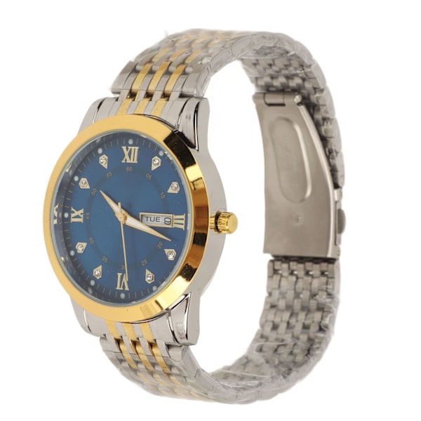 Klocka för män kvarts dag datum vattentät casual lyxig lysande modeklänning klocka med legering armband för affärer guld blå
