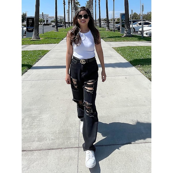 Lös passform Dam Jeans med Riv Effekter Boyfriend Hög Midja Lös Denim Byxor Trasiga Vida Ben Jeans Y2K Jeans svart xl
