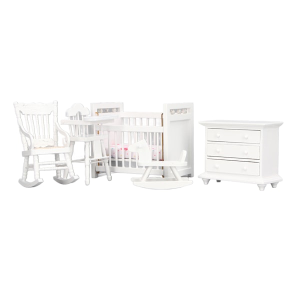 1:12 Dockhusmöbler Modell Set Miniatyr Baby Spjälsäng Gunghäst Stol Skåp Dekoration Tillbehör